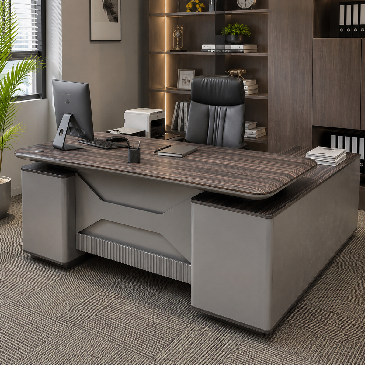 Gemelli Collection executive L-shaped office desk with dark striped top, taupe geometric front panel, side return storage and dual power ports
