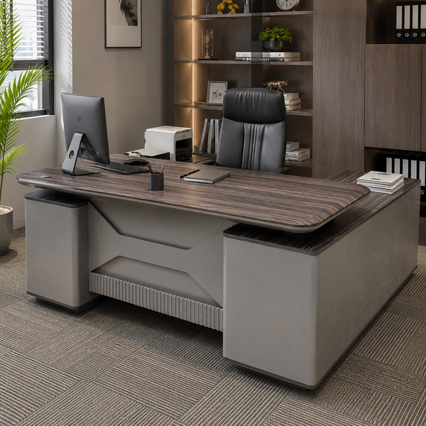 Gemelli Collection executive L-shaped office desk with dark striped top, taupe geometric front panel, side return storage and dual power ports