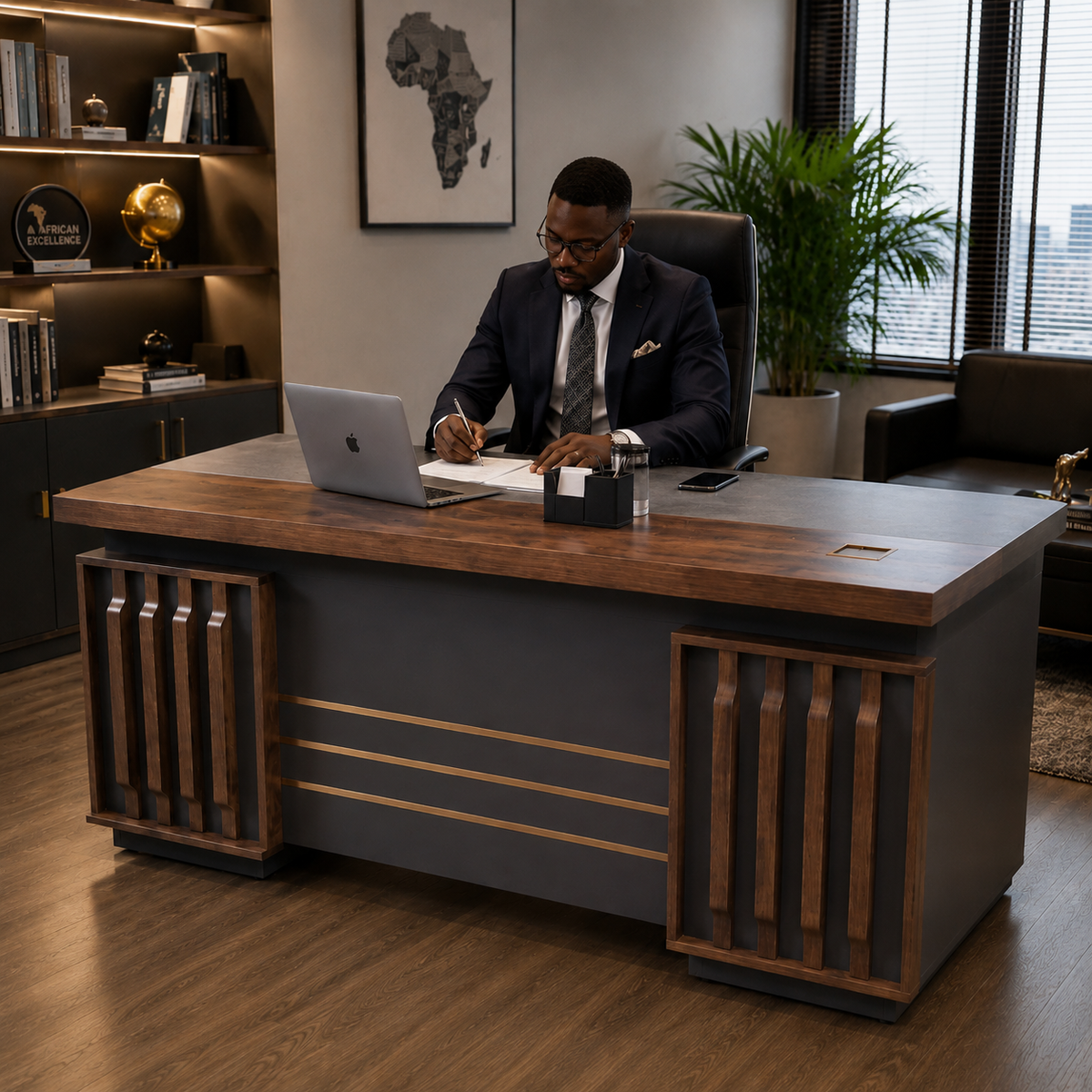 Gemelli Collection Office Desk Model XS-9 two-tone brown office desk with gold accents, cabinet storage and three-drawer pedestal