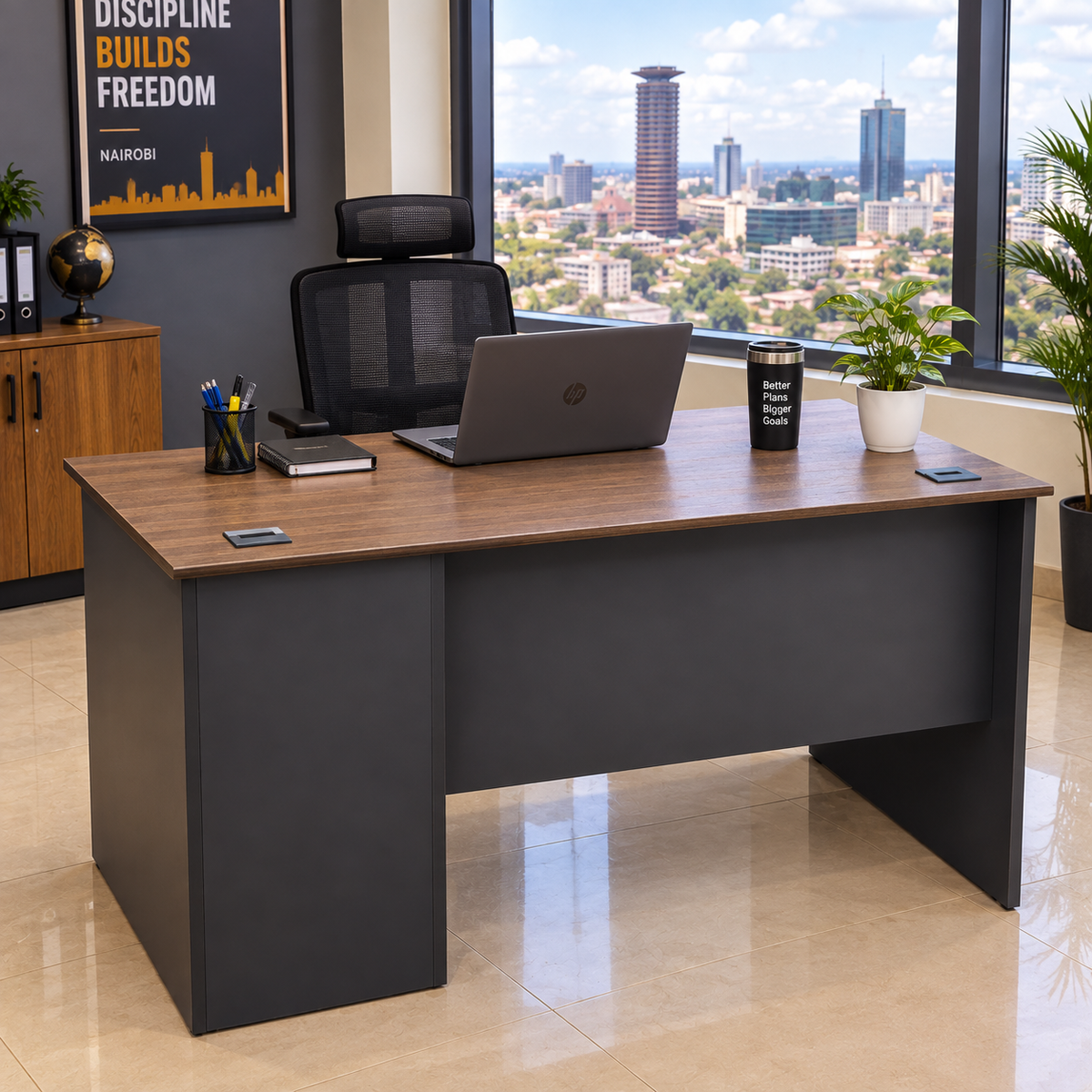 Executive Office Desk with Lockable Drawer and Cabinet, Dark Brown Walnut & Grey Finish #8012 -Gemelli Collection