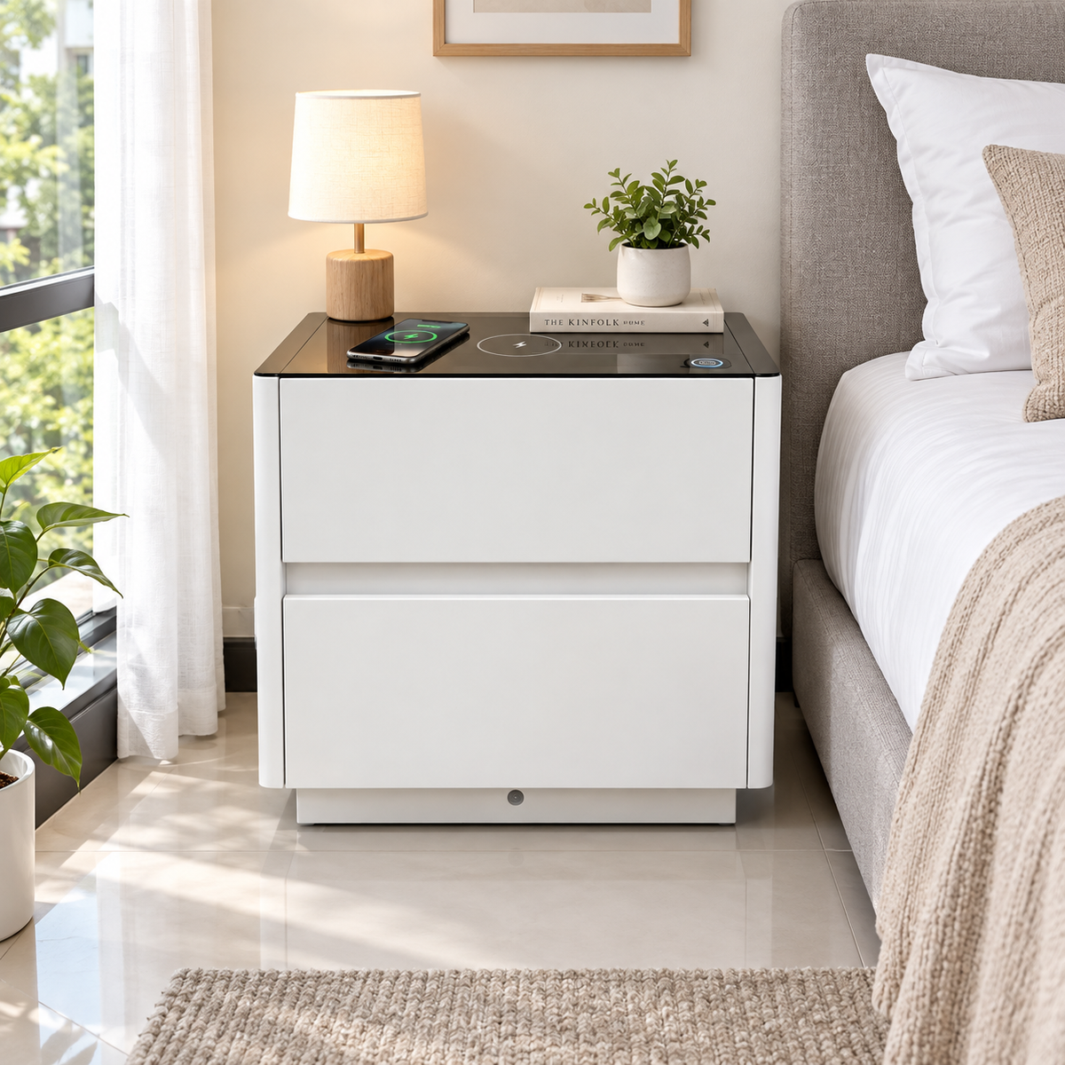 Smart Two-Drawer Nightstand with Fingerprint Lock Wireless Charging White 50 × 40 × 48 cm BS-10 - available in Nairobi, Kenya