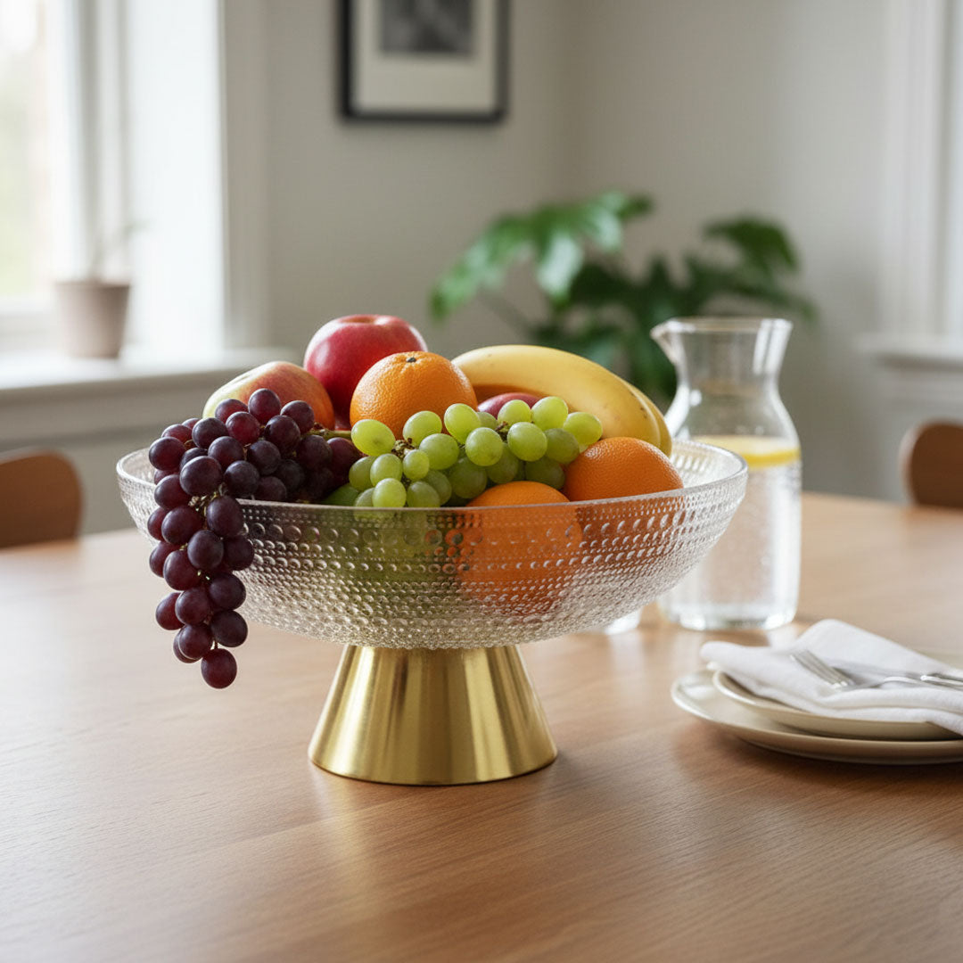 Decorated glass fruit bowl with textured design and brass stand, 24.5 cm radius and 12 cm height