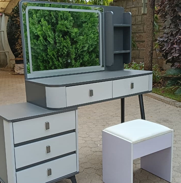 LED Dressing Table with Drawers, Shelves, and Stool