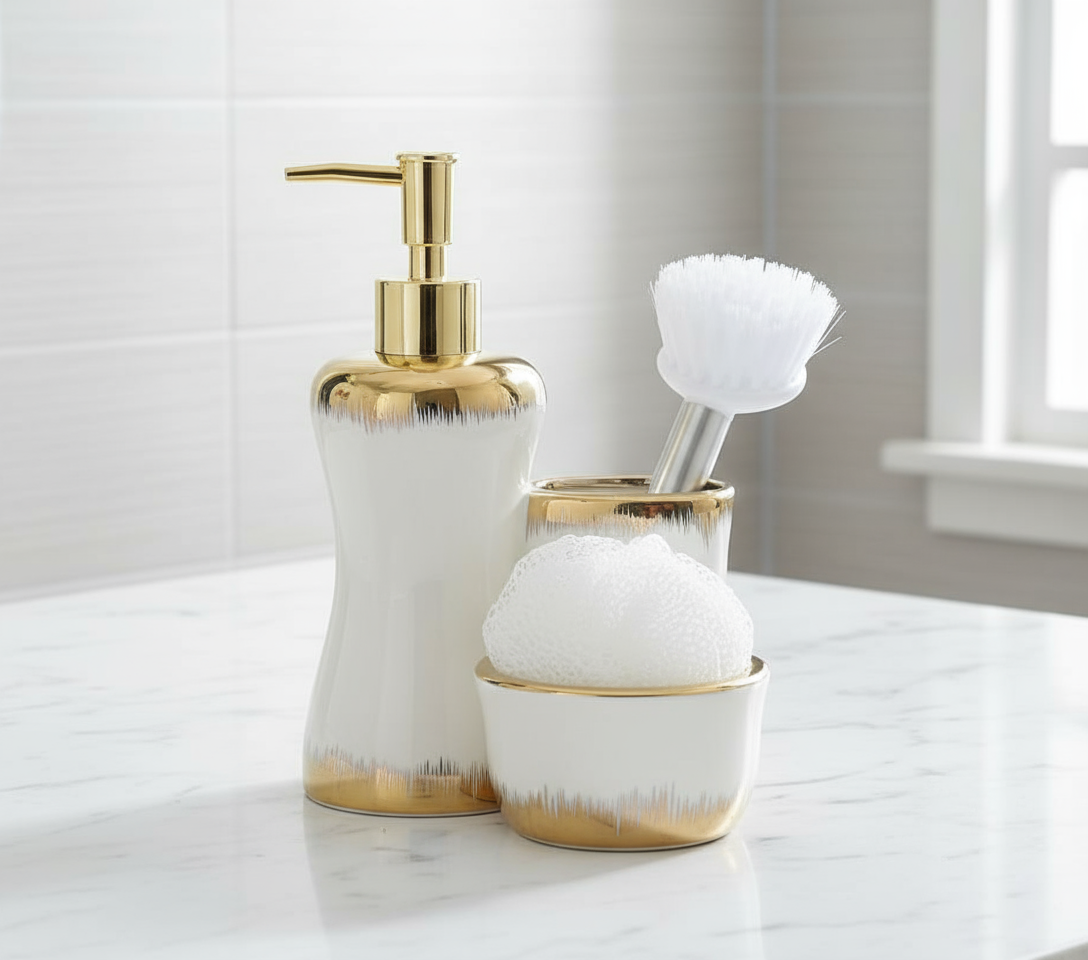 3-Level Ceramic Lotion/Soap Dispenser with Brush and Wash Pad Holder