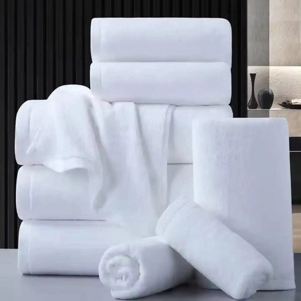 Gemelli Collections hotel standard white cotton towels set offering premium softness and absorbency for home or hotel use.