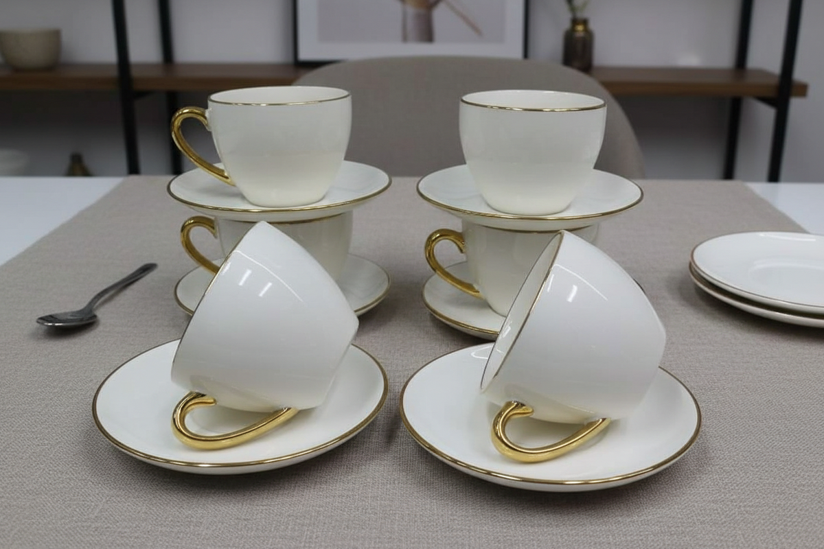 White Ceramic Cup & Saucer Set with Gold Rim