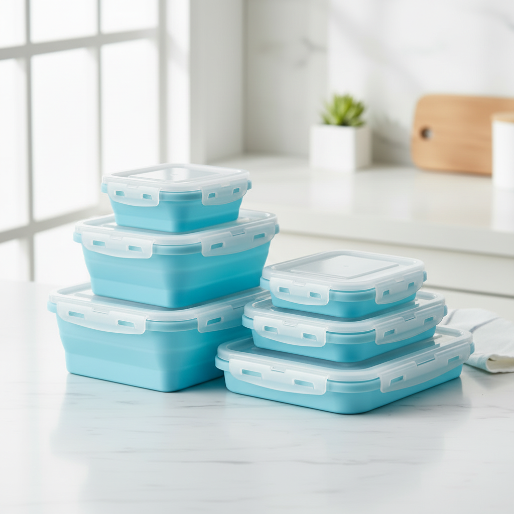 Four collapsible leak-proof food storage containers in pink and sky blue made from BPA free material