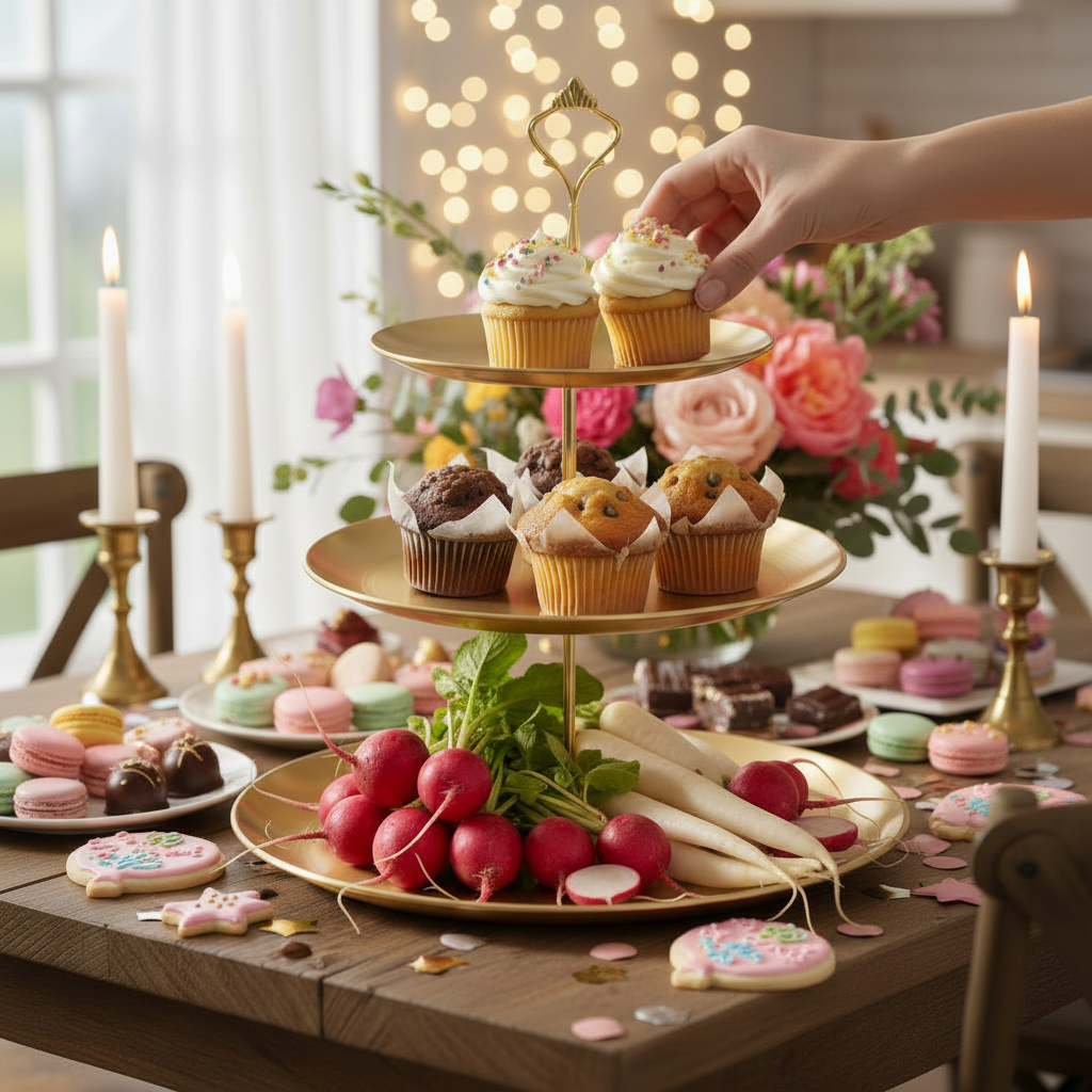 Gold steel cake, cupcake, and candy holder with elegant tiered design