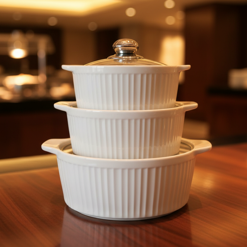 3 piece ceramic serving dishes set with glass covers 3L 2L and 1.5L microwave and dishwasher safe