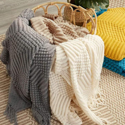 Knitted Throw Blanket / Shawl With Tassles