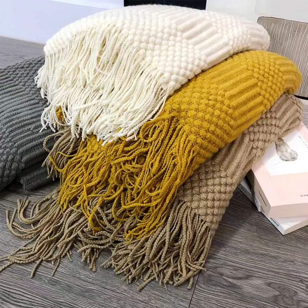 Knitted Throw Blanket / Shawl With Tassles