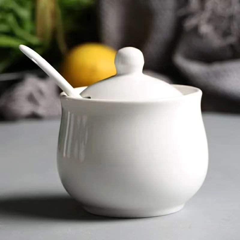 Ceramic White Sugar Dish With Spoon