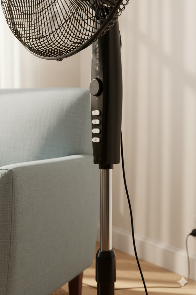 black econo fan RM/572 with adjustable height and 3-speed settings.