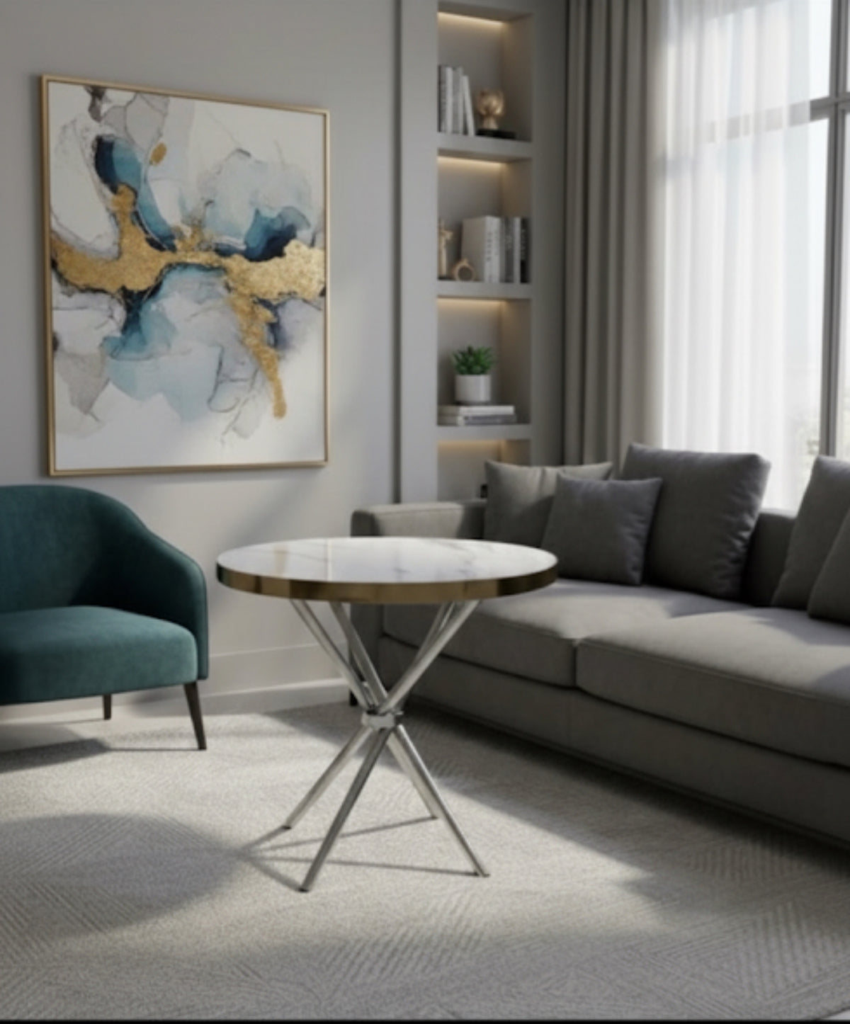 Round Wooden Dining Table with Marble Effect