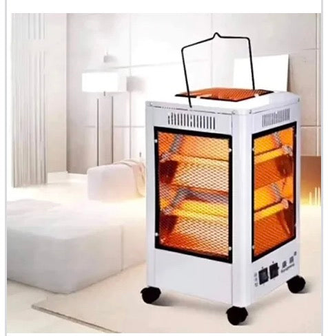 Portable 5-sided electric room heater with wheels and glowing heating panels placed in a modern living room.