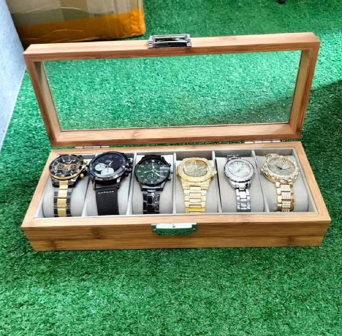 6 Slot Wooden Watch Organizer with Glass Display Lid