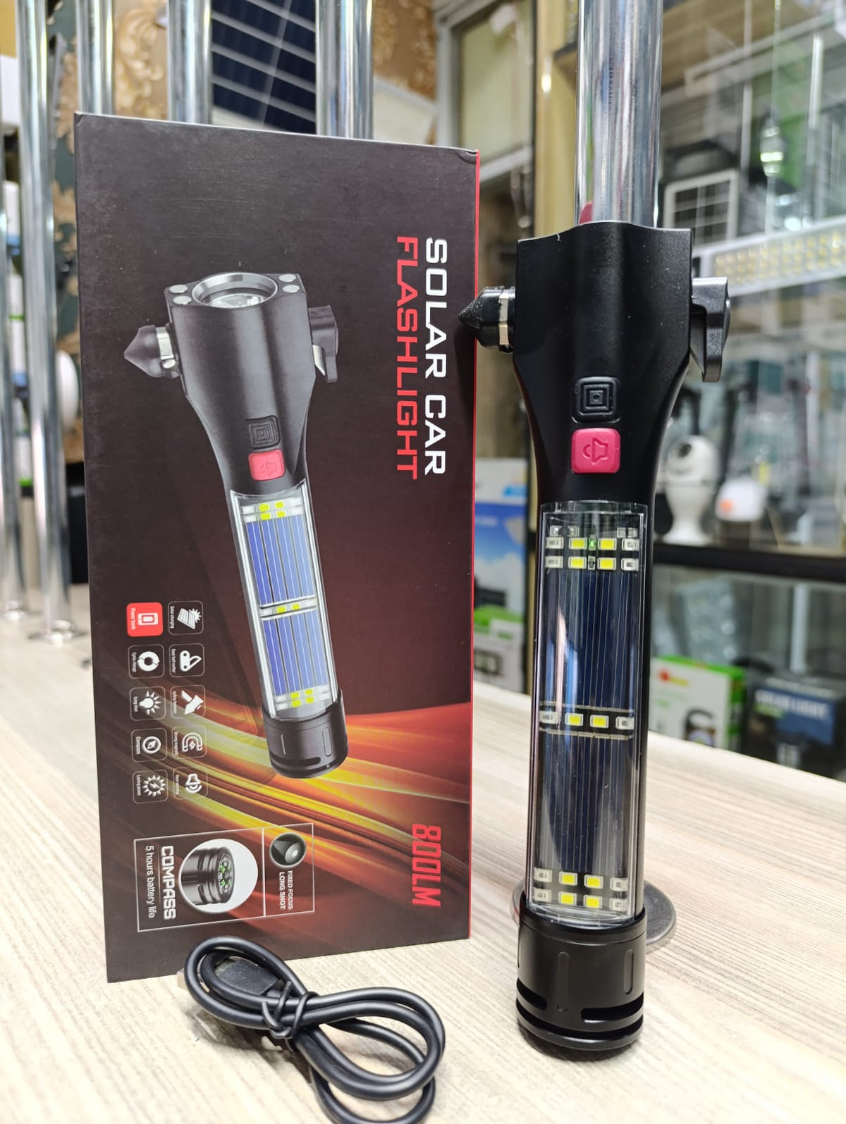 Gemelli Collections Solar Rechargeable Car Flashlight Portable LED Emergency Torch with Solar Charging, USB Rechargeable Battery, Bright Light for Car, Outdoor Activities, Travel, Camping and Home Use