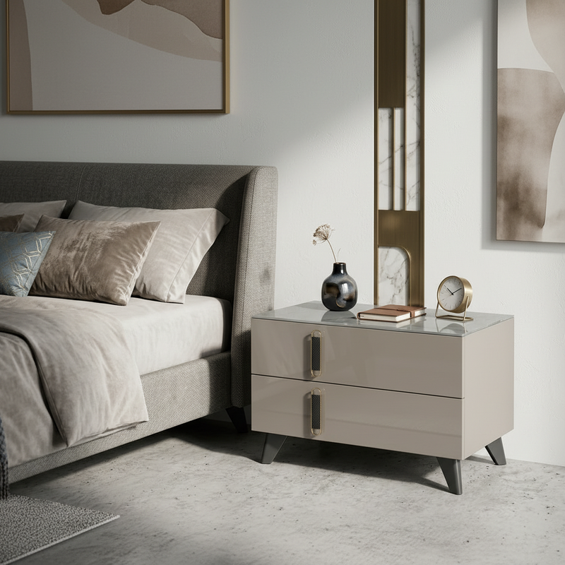 Two drawer bedside nightstand with black vertical handles and high gloss light luxury finish compact storage cabinet