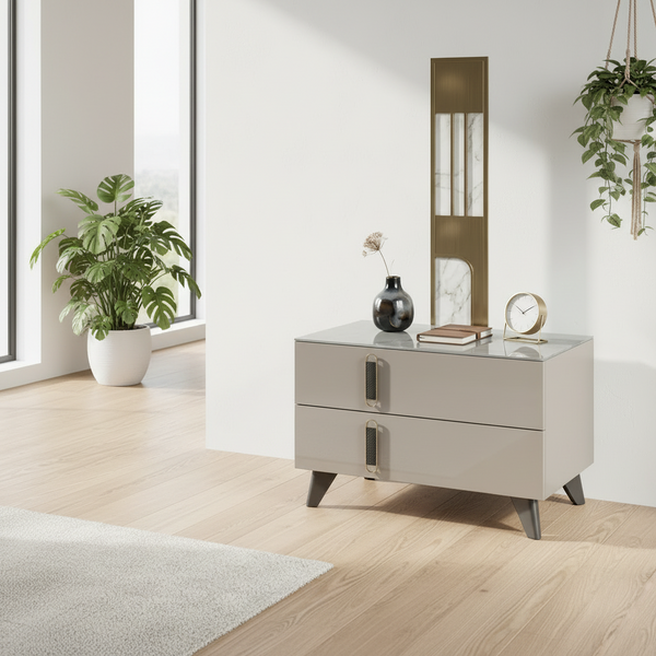 Two Drawer Bedside Nightstand with Vertical Black Handles