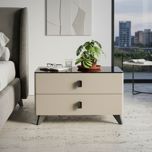 wo drawer bedside nightstand with dark top surface and contrasting handles and legs