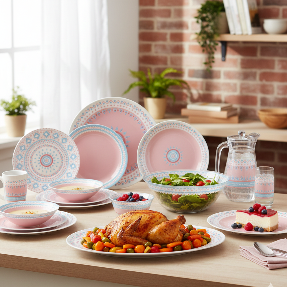 Luminarc Simply Vibesoft 46-piece dinner set with plates, bowls, mugs, glasses, large serving bowl, and jug