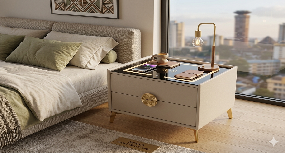 Smart bedside nightstand with tempered glass top, wireless charging pad, and built-in LED lighting with drawer storage