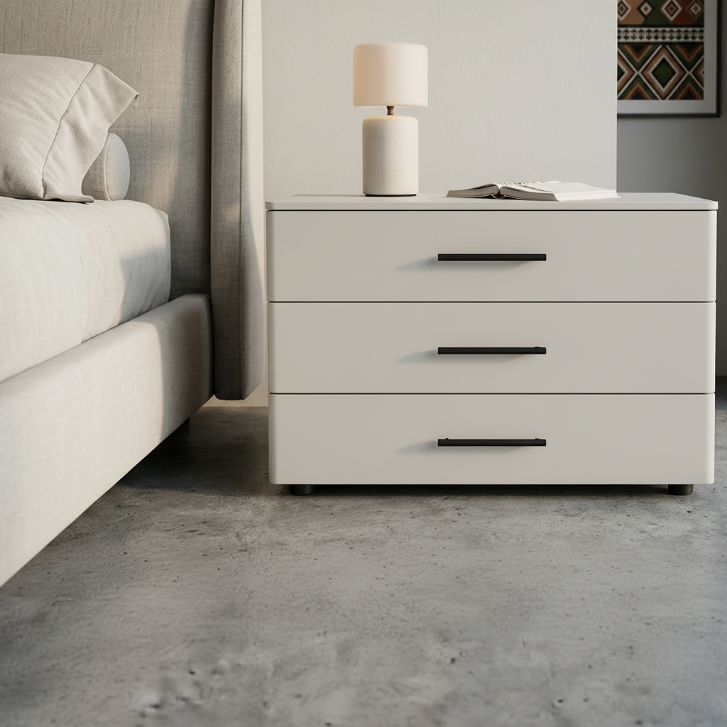 White glossy modern 3-drawer bedside nightstand with black handles and compact Nordic-style design