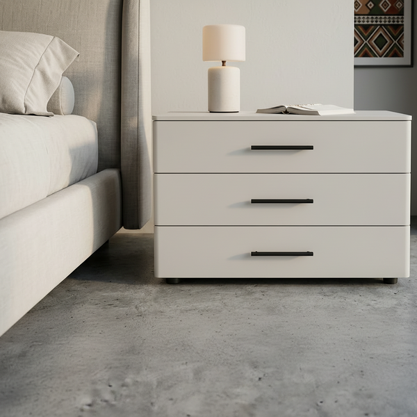 White glossy modern 3-drawer bedside nightstand with black handles and compact Nordic-style design