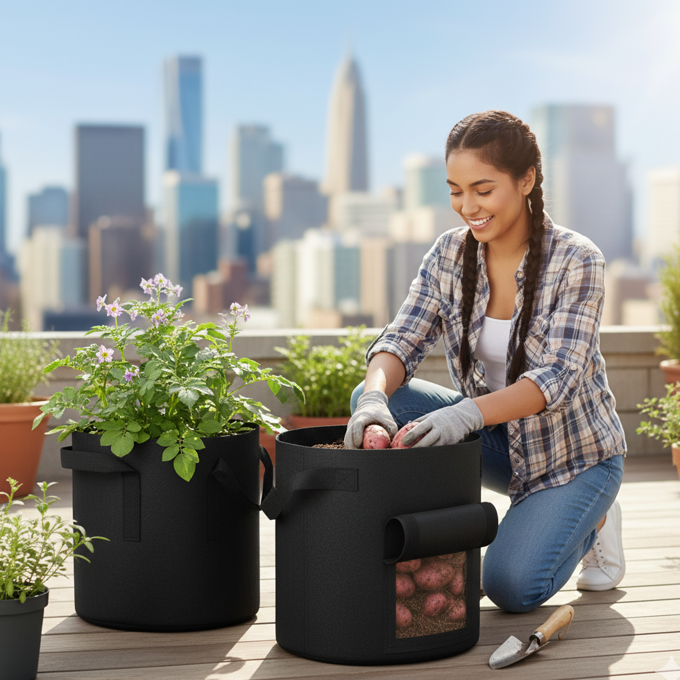 Durable potato growing bags with handles for indoor and outdoor vegetable gardening