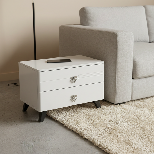 Two drawer bedside nightstand with silver handles and black tapered legs compact storage cabinet