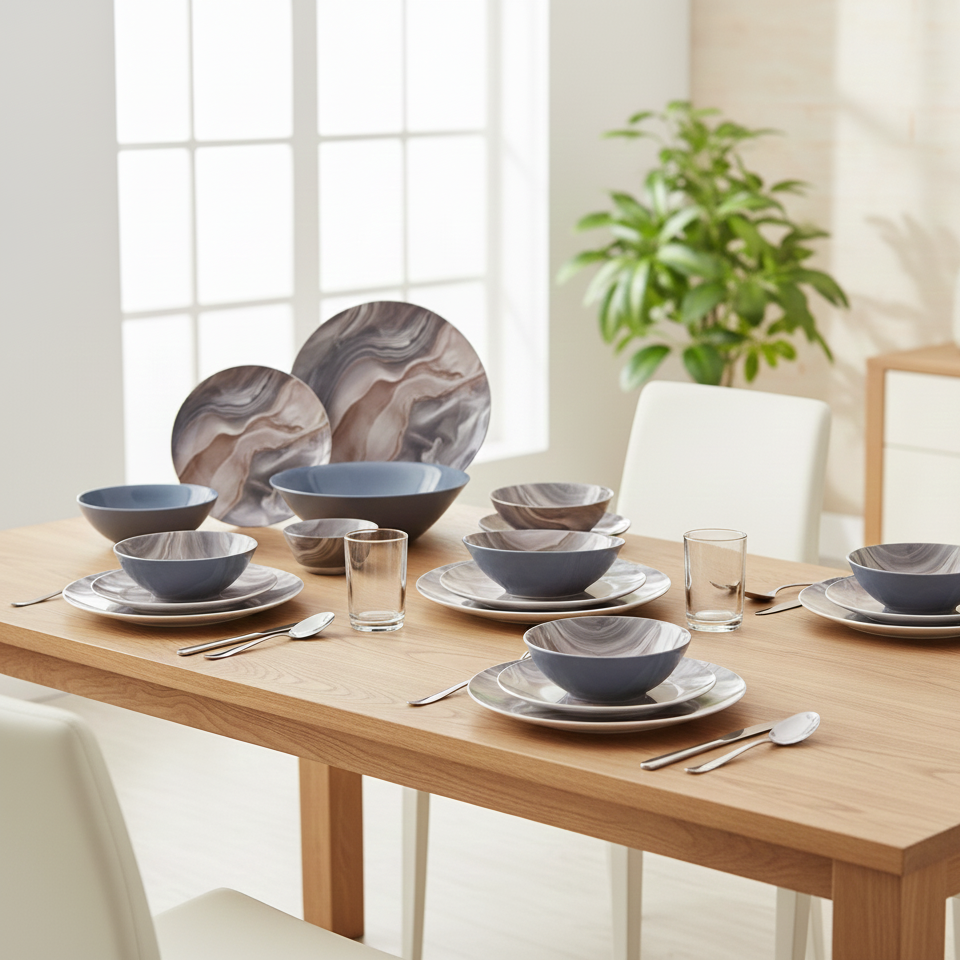 Luminarc Simply Marbreeze 25-piece dinner set with plates, bowls, and salad bo