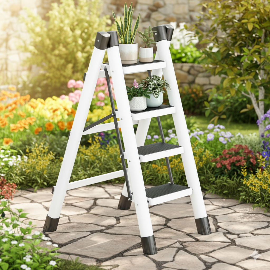 Foldable household ladder that doubles as a flower stand for home or office use