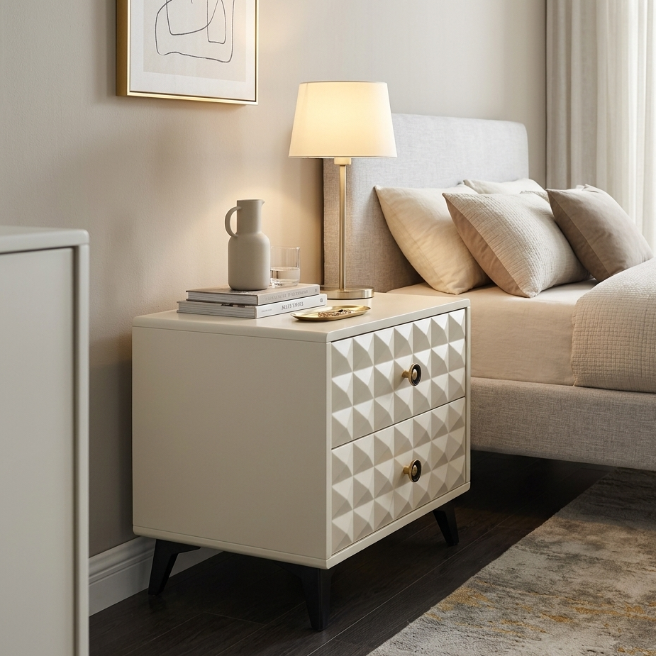 Two drawer white bedside nightstand with fluted panel drawer fronts and minimalist hardware storage cabinet