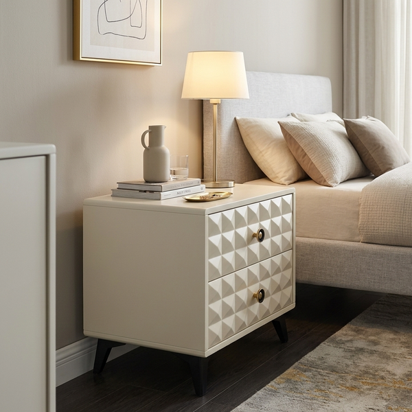 Two drawer white bedside nightstand with fluted panel drawer fronts and minimalist hardware storage cabinet