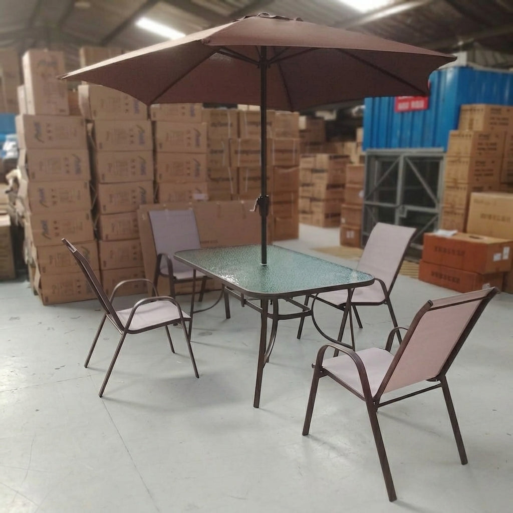 6-Piece Bistro Set – 4 Chairs, Glass Rectangular Table & Umbrella