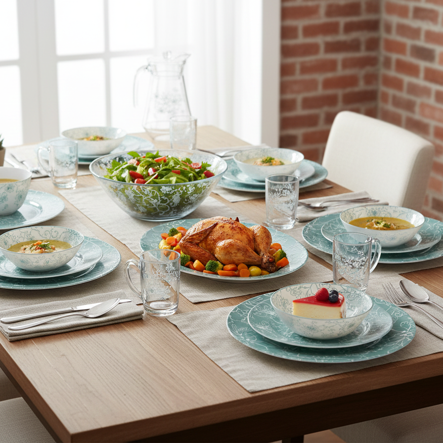 Luminarc Simply Melitina Blue 46-piece dinner set with plates, bowls, cups, saucers, glasses, serving dish, and decanter