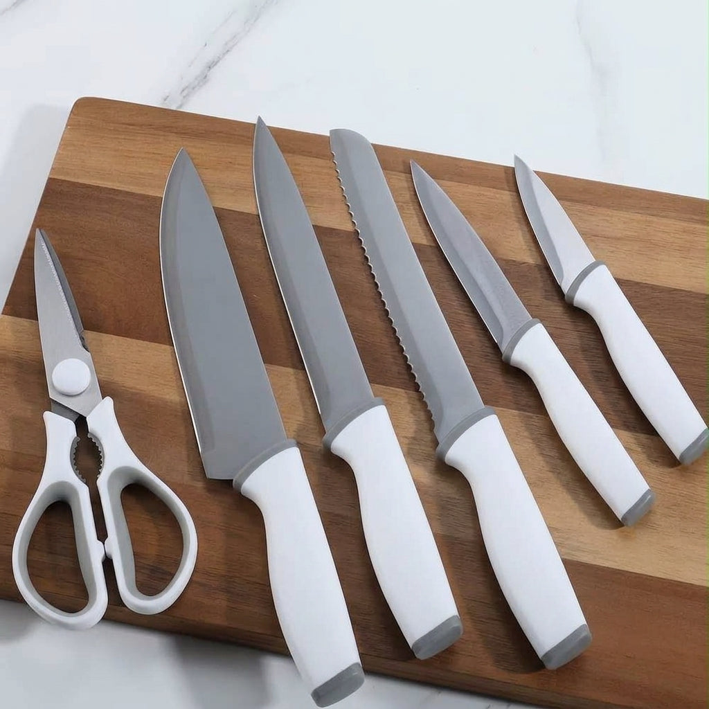 7-Piece Kitchen Knife Set with Scissors and Stand – Black & White