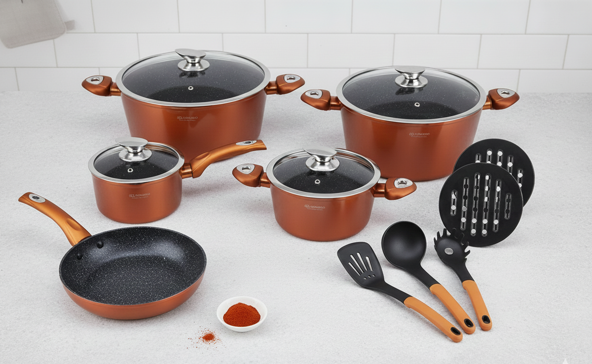 Burnt orange Edenburg 15-piece nonstick cookware set with glass lids