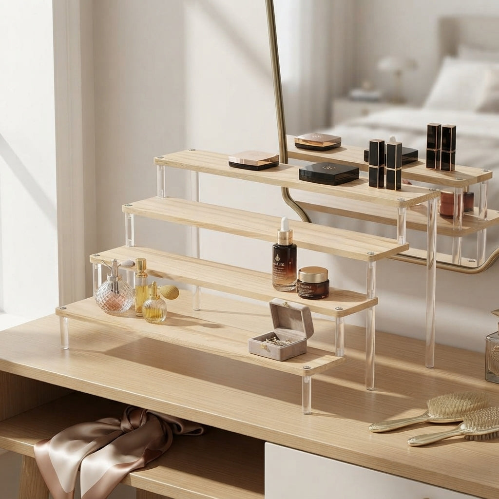 Gemelli Collections 4 tier acrylic perfume and makeup vanity rack with bamboo for organised beauty storage.