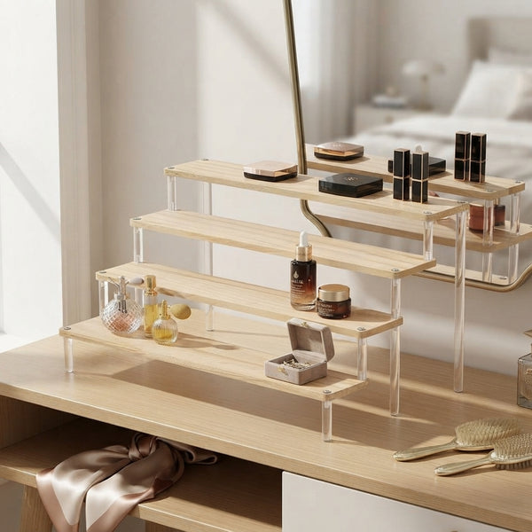 Gemelli Collections 4 tier acrylic perfume and makeup vanity rack with bamboo for organised beauty storage.
