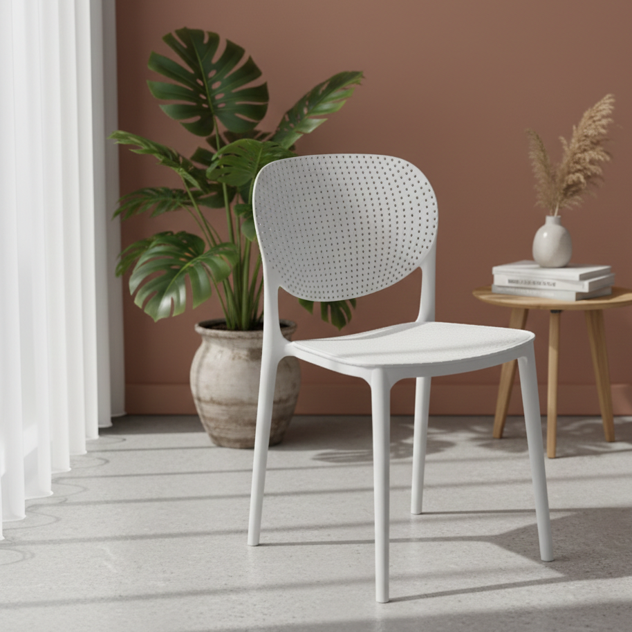 Stackable White Plastic Bistro Chair with Perforated Backrest
