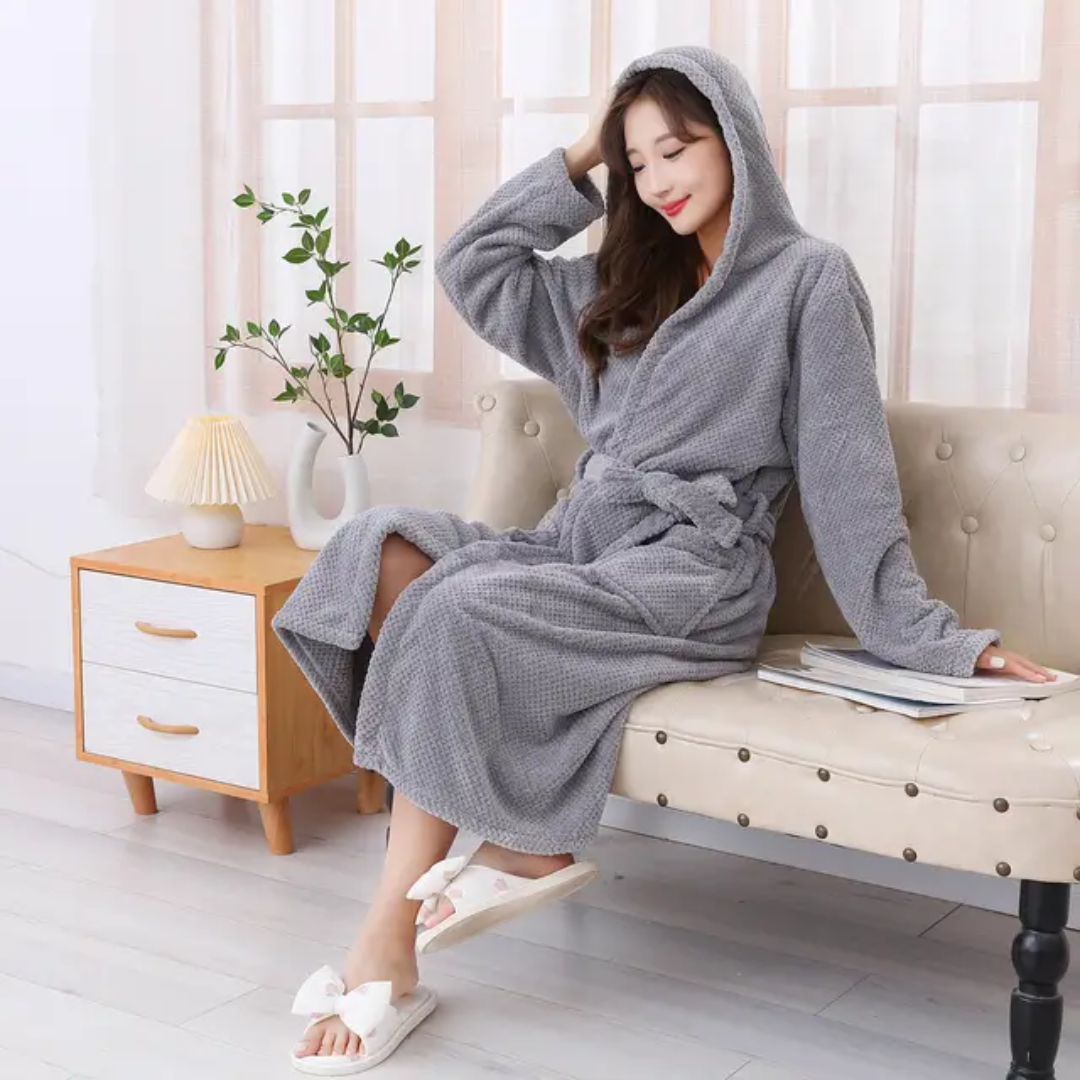Gemelli Collections hooded fleece bathrobe made from soft microfiber material, available in Navy Blue, Sky Blue, White, Pink, and Grey in L, XL, and XXL sizes.