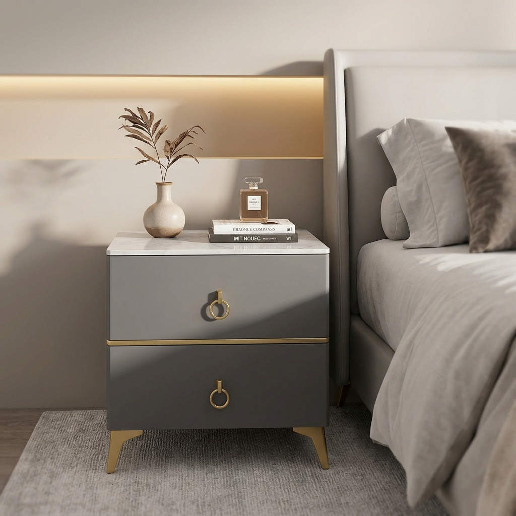 Cream Bedroom Nightstand with 2 Drawers and Sintered Stone Top 45x50x47cm