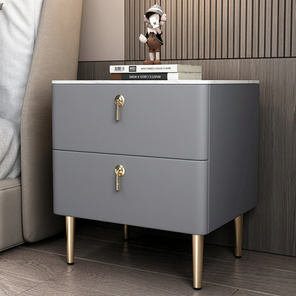 Cream Bedroom Nightstand with 2 Drawers and Sintered Stone Top 45x50x47cm