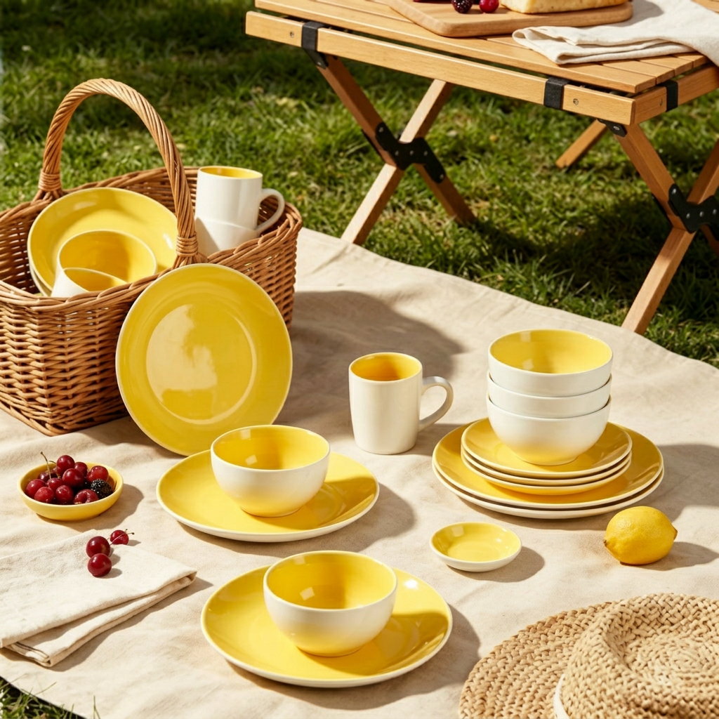 Yellow and White Ceramic Dinner Set with Mugs, Side Plates, Bowls and Dinner Plates 16 Piece and 24 Piece Options