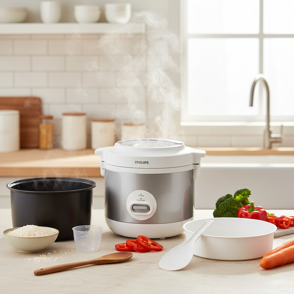1.8L digital rice cooker with 3D heating system, non-stick aluminium pot, and cook, steam, and keep warm functions for everyday family meals HD3008/30.