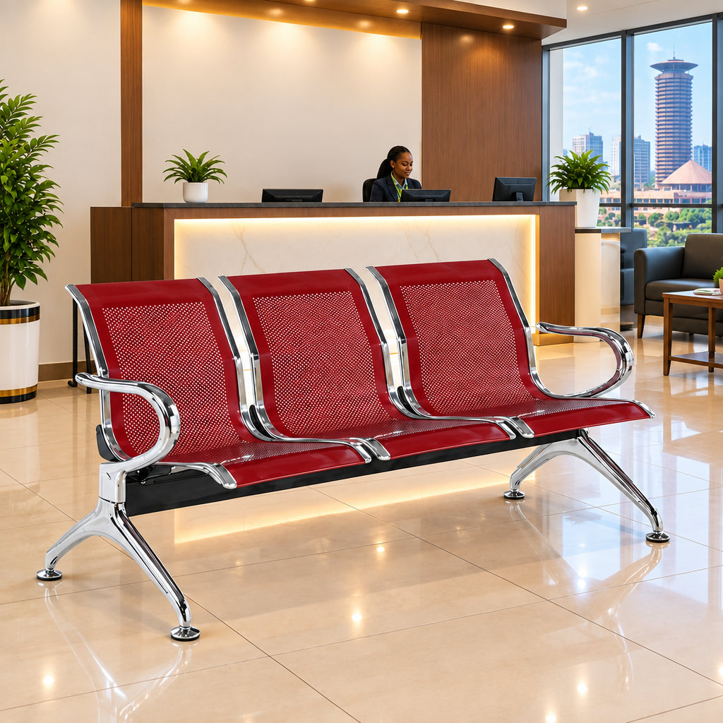 3-Seater Linked Waiting Bay Bench – Perforated Metal Seating with Chrome Frame