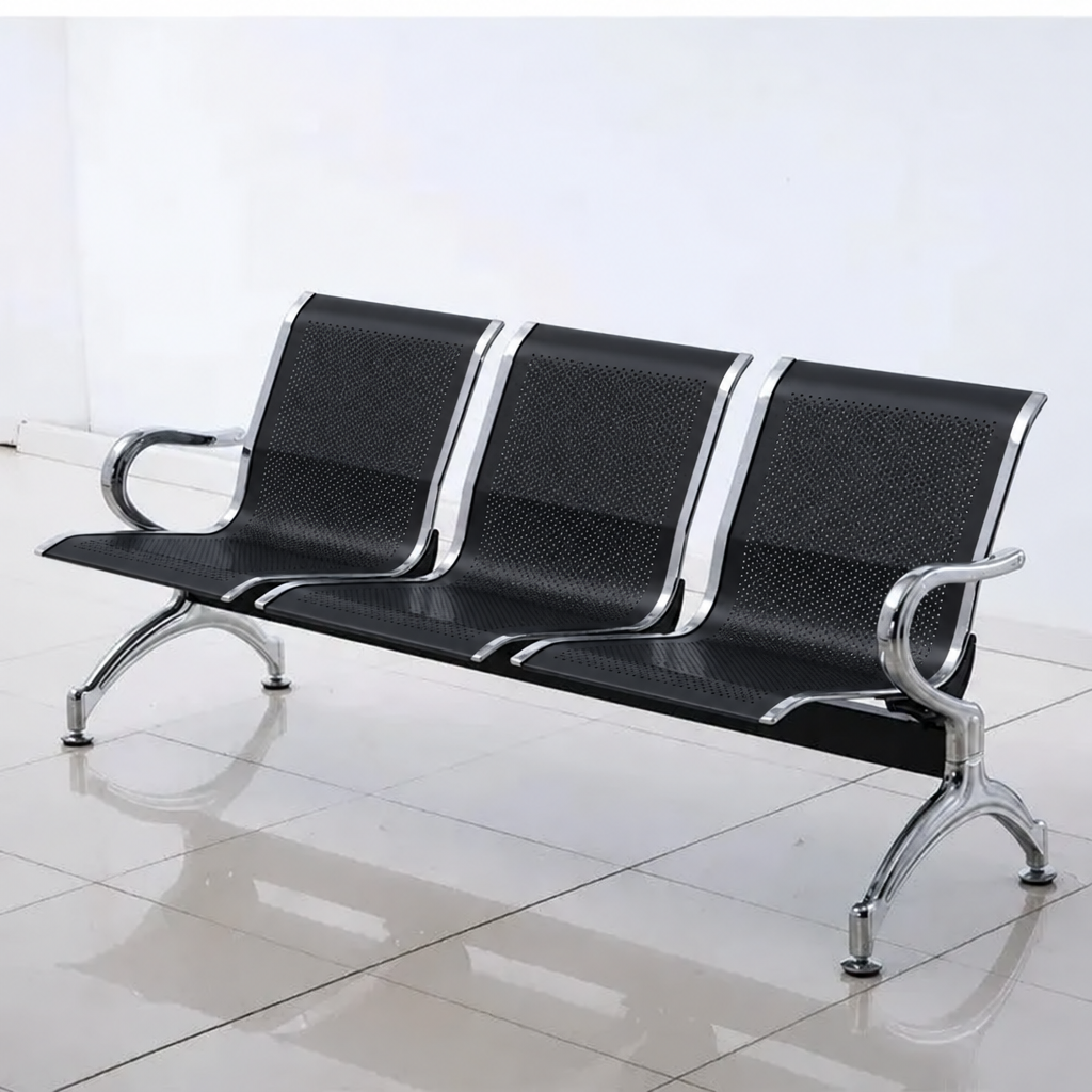 3-Seater Linked Waiting Bay Bench – Perforated Metal Seating with Chrome Frame