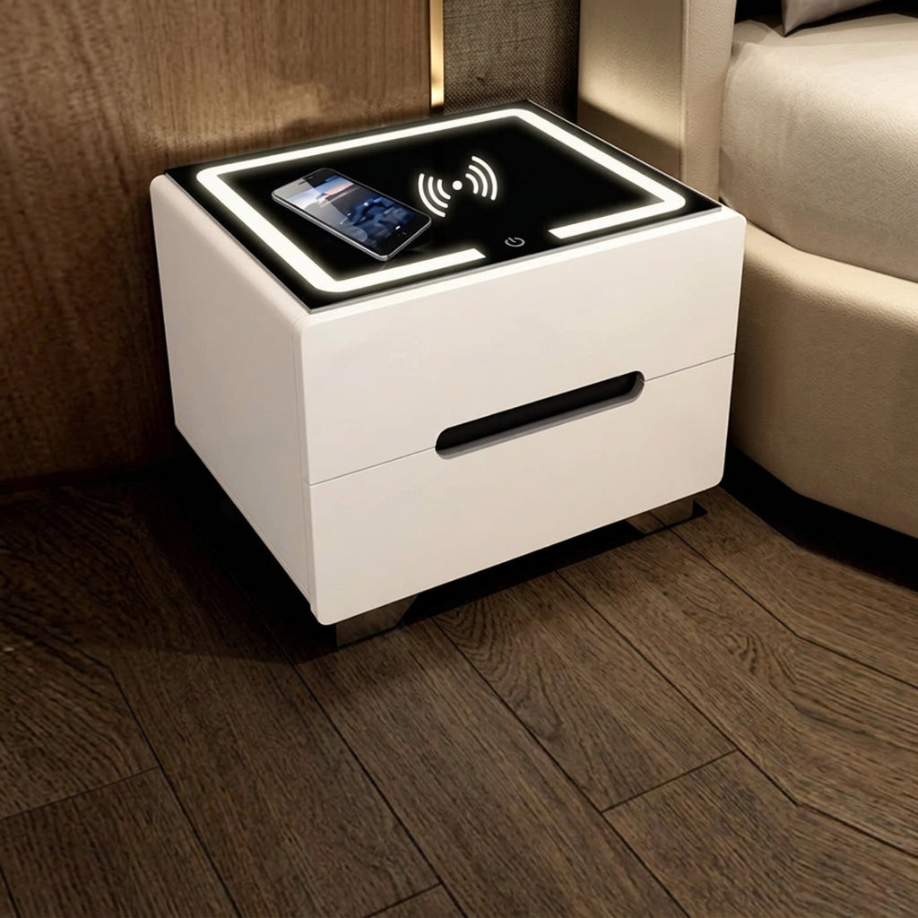 White Gloss Bedside Table with LED Glass Top and Wireless Charging