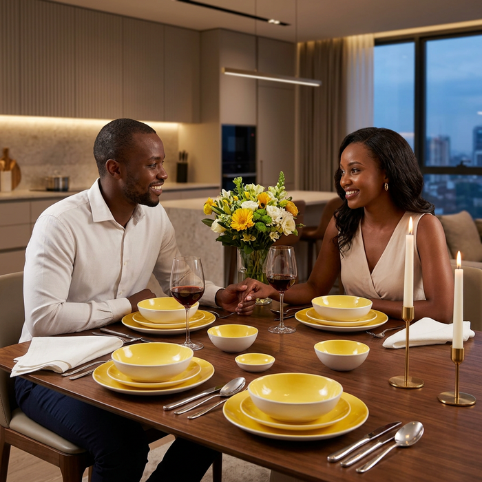 Yellow and White Ceramic Dinner Set with Mugs, Side Plates, Bowls and Dinner Plates 16 Piece and 24 Piece Options